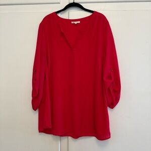 Daniel Rainn DR2 Bright Red 3/4 Tab Sleeve V Neck Blouse 2X